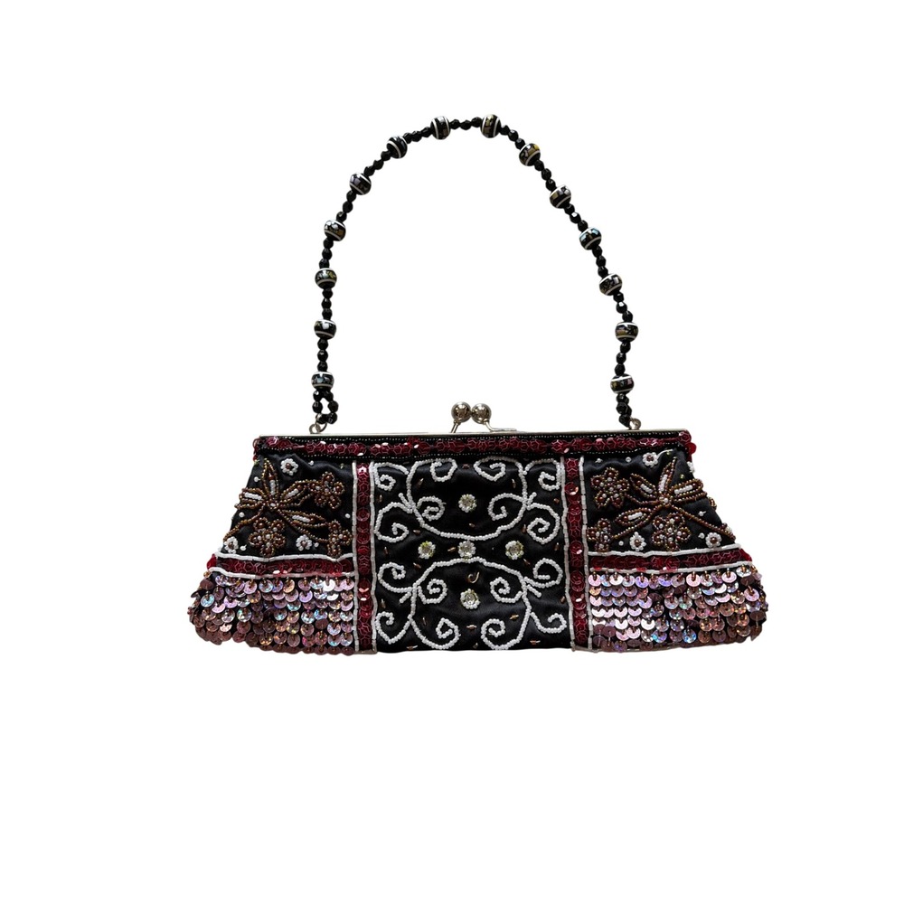 Clutch Bag Vintage Y2K Whimsigoth Chateau Women Small Black Beaded Sequin Satin